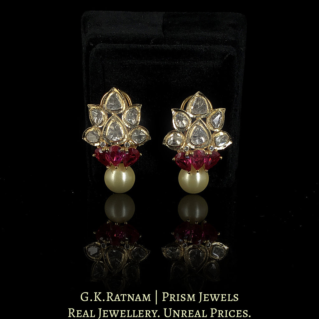 18k Gold and Diamond Polki Open Setting floral Tops / Studs Earring Pair with Rubies and Pearls