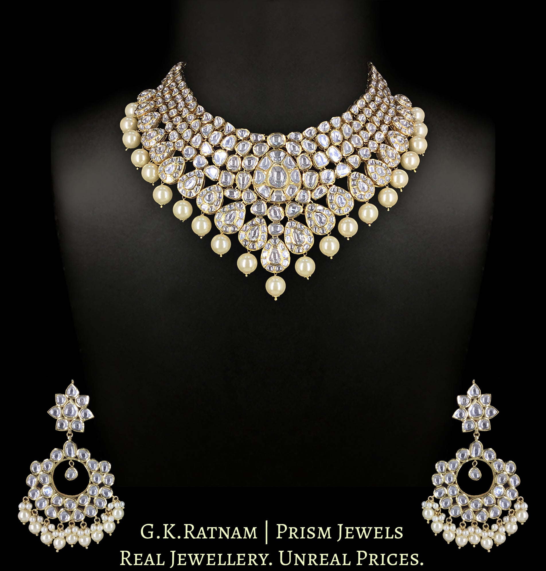 18k Gold and Diamond Polki Necklace Set with Pearls