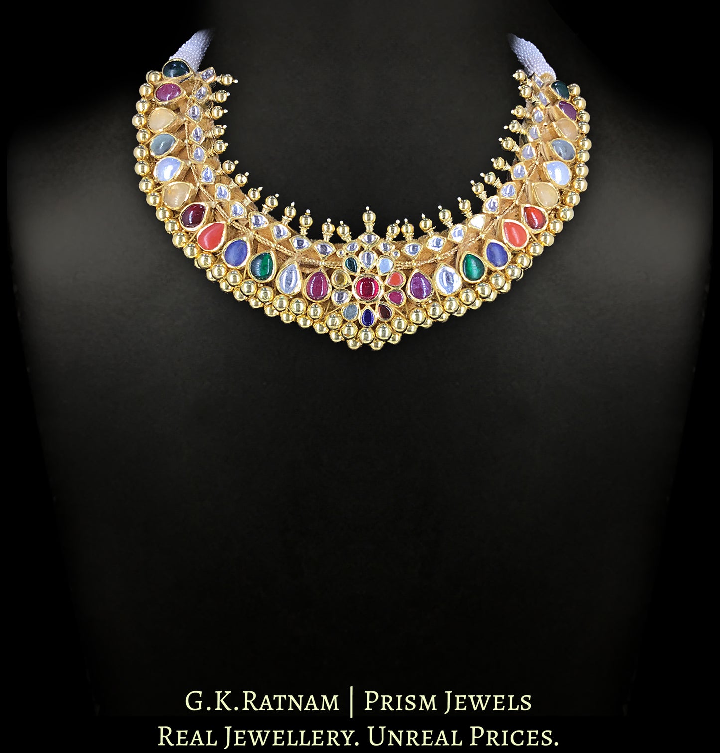 18k Gold and Diamond Polki Navratna tussi-style Necklace Set with Jhumkis