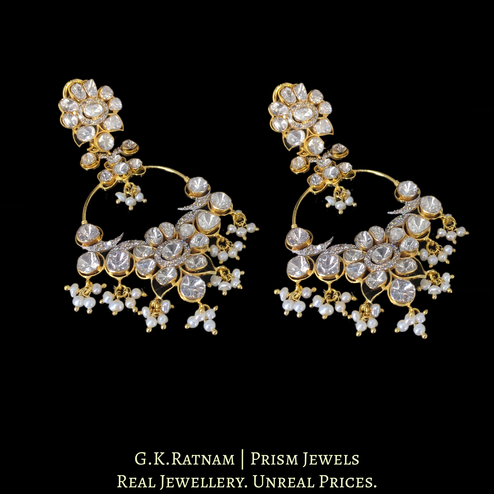 14k Gold and Diamond Polki Open Setting Chand Bali Earring Pair with Natural Freshwater Pearls