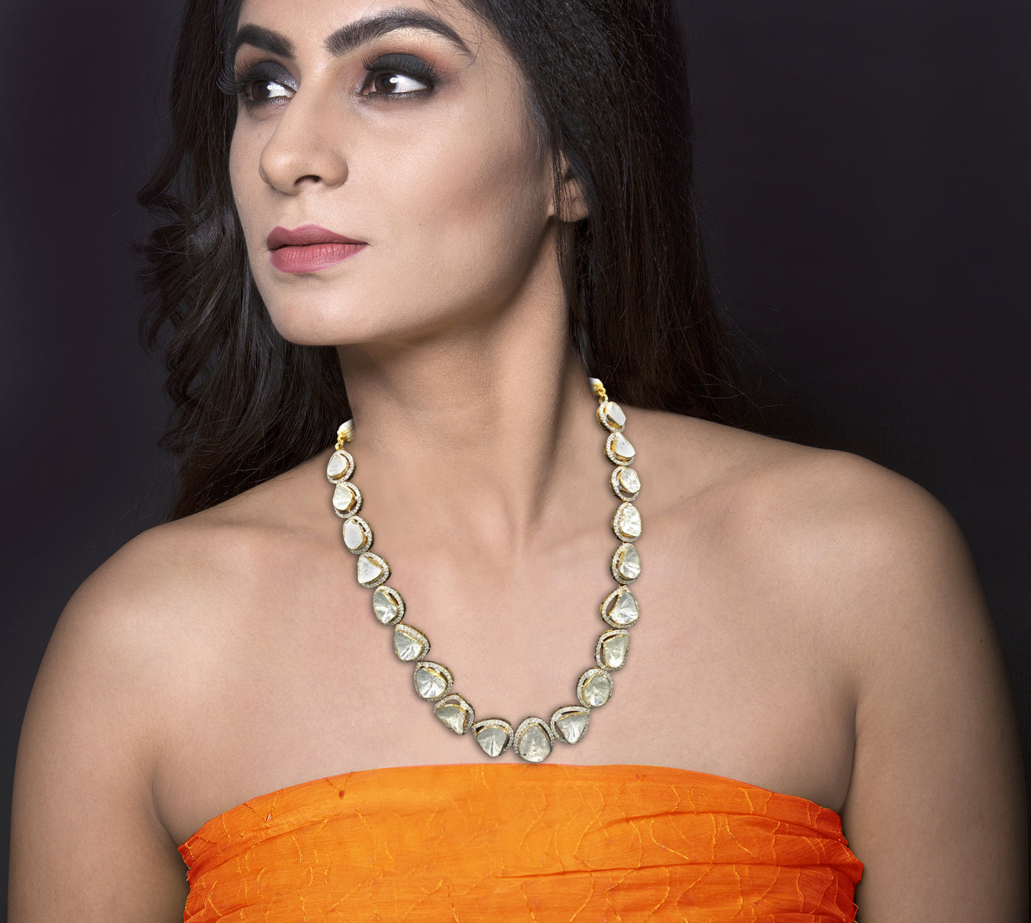 18k Gold and Diamond Polki Open Setting Single Line Necklace Set with far sized uncut diamonds - G. K. Ratnam