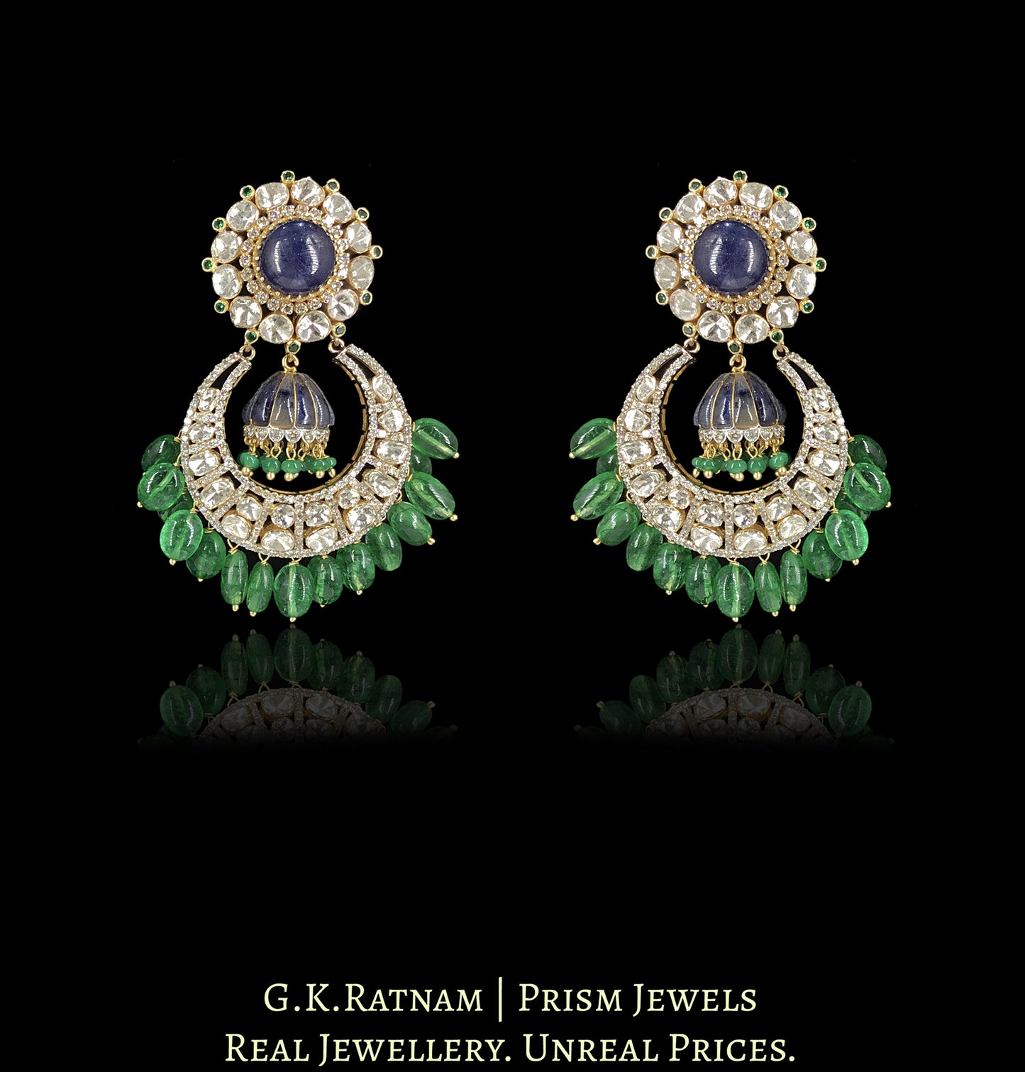 14k Gold And Diamond Polki Open Setting Chand Bali Earring Pair With detachable Blue Sapphire Jhumkis