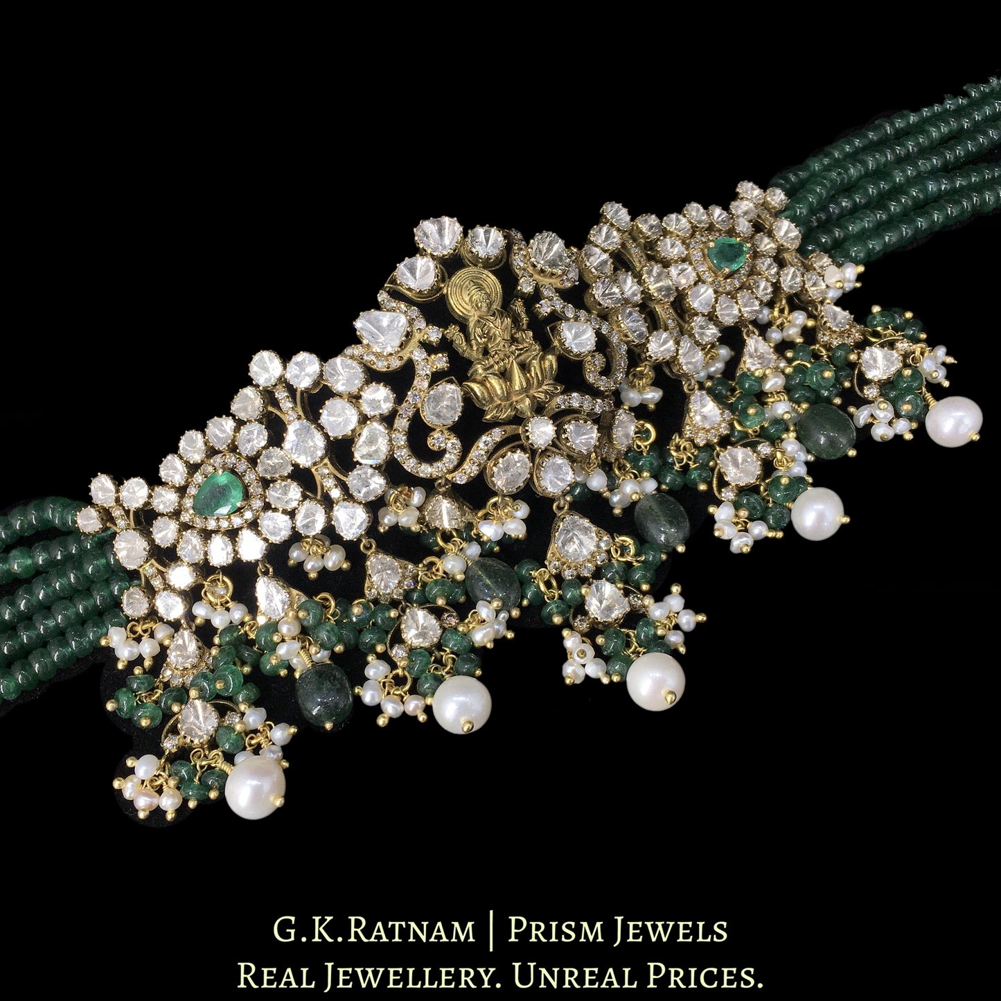 18k Gold and Diamond Polki Open Setting victorian-finish Choker Necklace strung with Strawberry Quartz