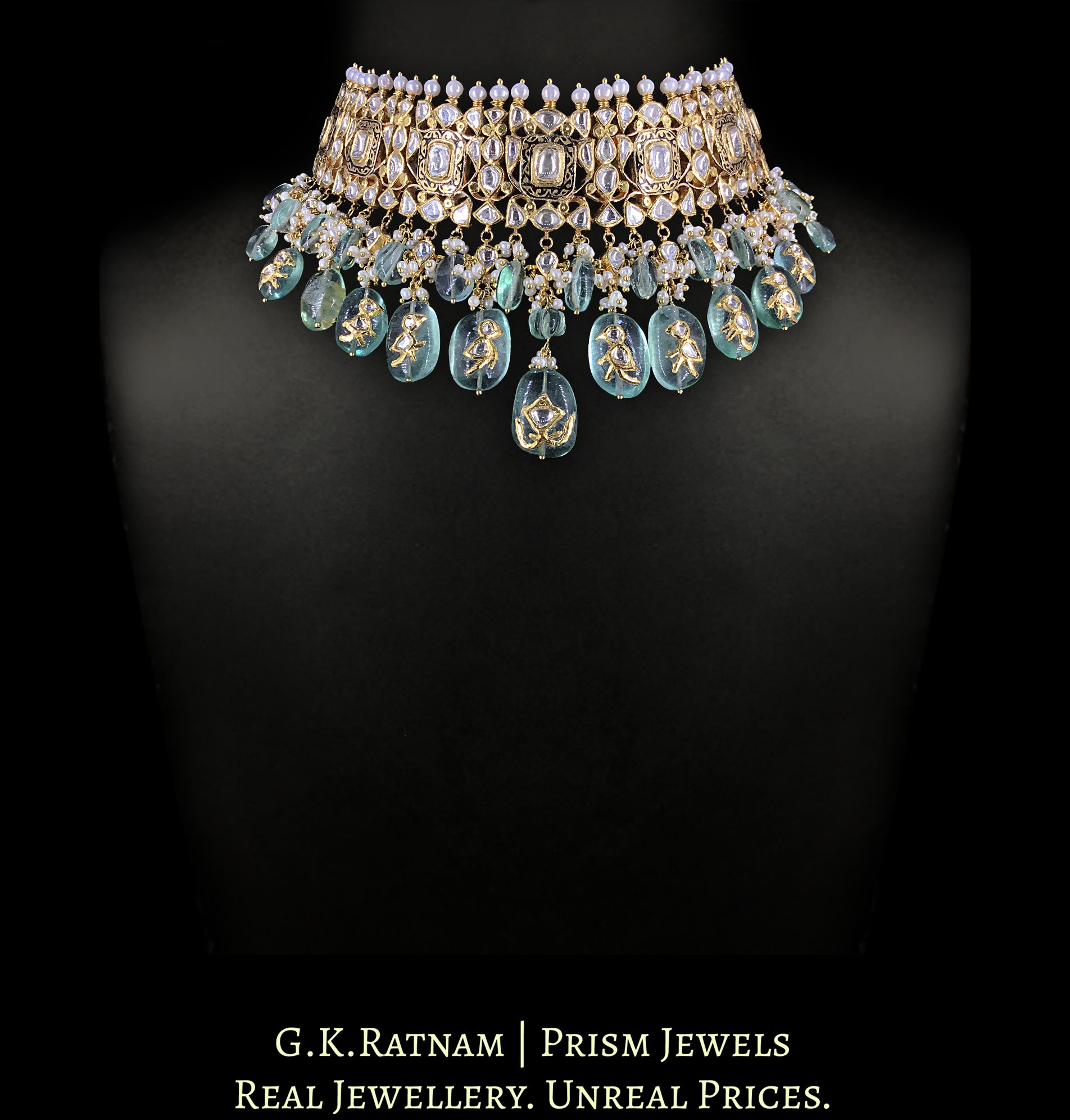 18k Gold and Diamond Polki Choker Necklace strung in Fluorites with intricately set Polkies