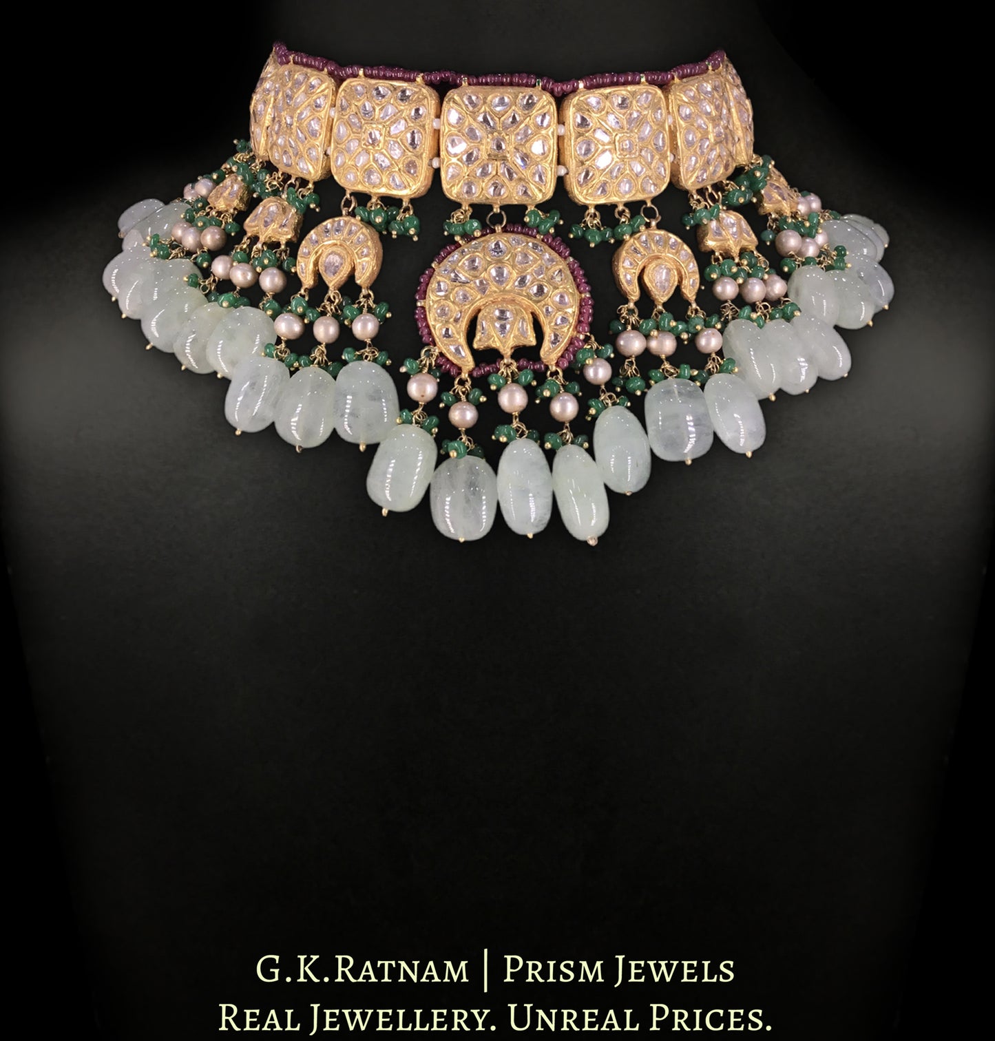23k Gold and Diamond Polki Choker Necklace Set with Russian Emeralds