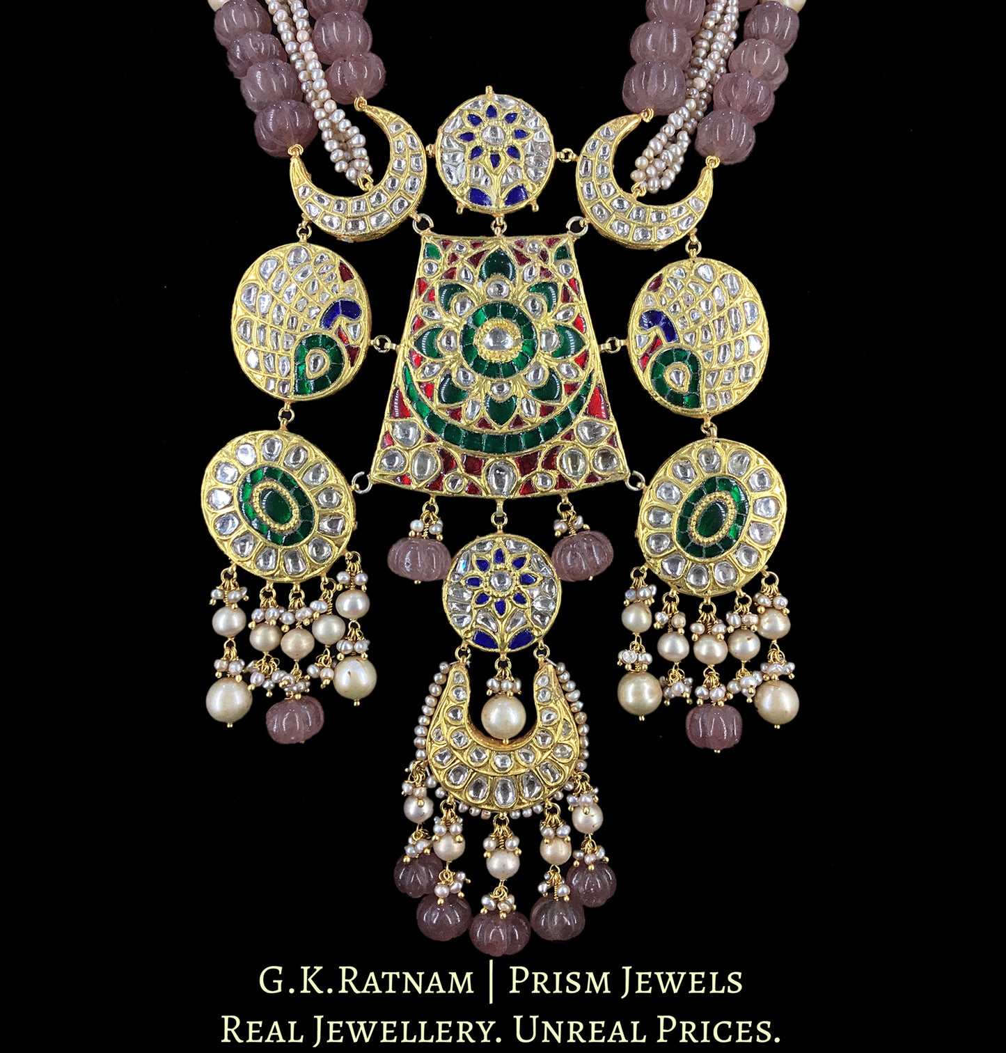 23k Gold and Diamond Polki Hybrid Pendant enhanced with pinkish-red Melons and Antiqued Freshwater Pearls
