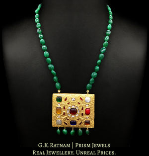 23k Gold and Diamond Polki rectangle Navratna Pendant with fine goldwork - G. K. Ratnam