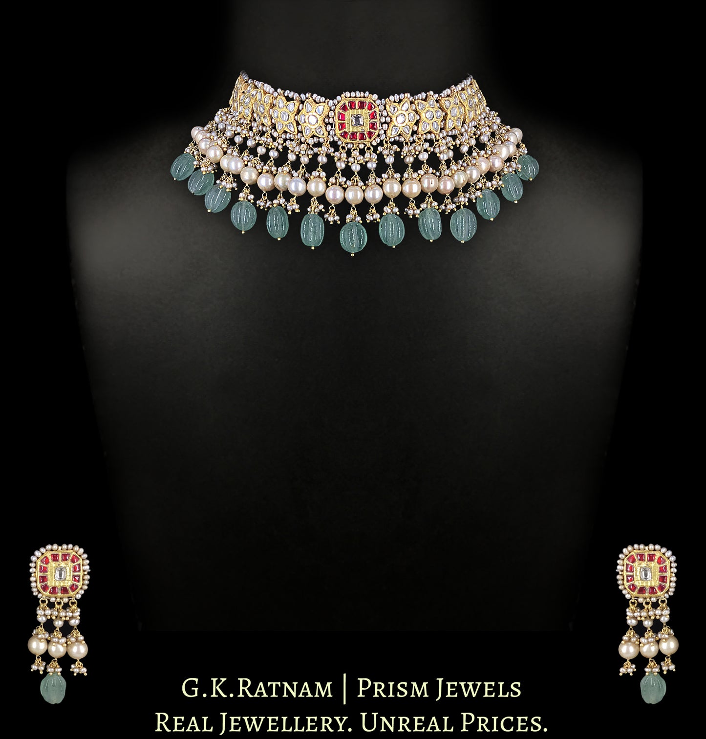 23k Gold and Diamond Polki Choker Necklace Set enhanced with Antiqued Freshwater Pearls and Green Strawberry Quartz Melons