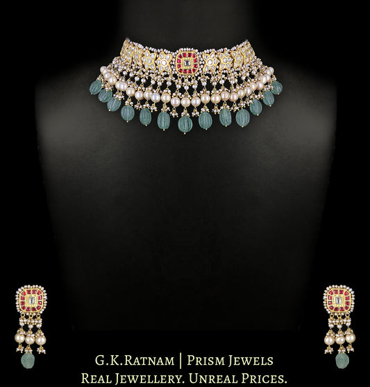 23k Gold and Diamond Polki Choker Necklace Set enhanced with Antiqued Freshwater Pearls and Green Strawberry Quartz Melons