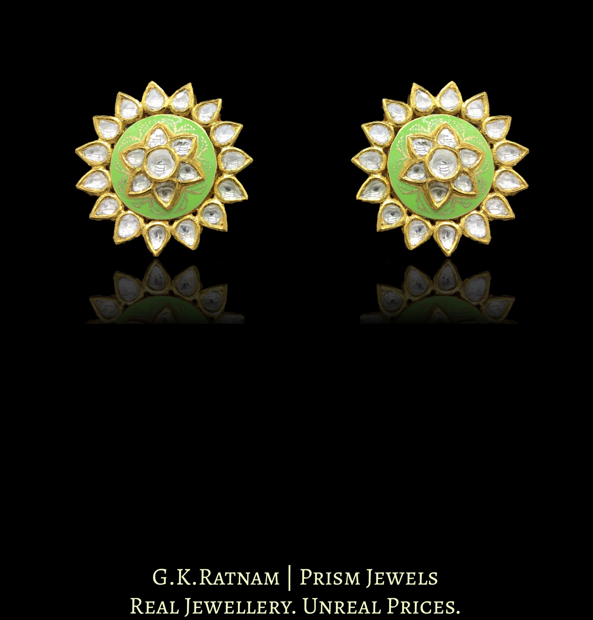 18k Gold and Diamond Polki peridot-green enamel Karanphool Earring Pair - G. K. Ratnam