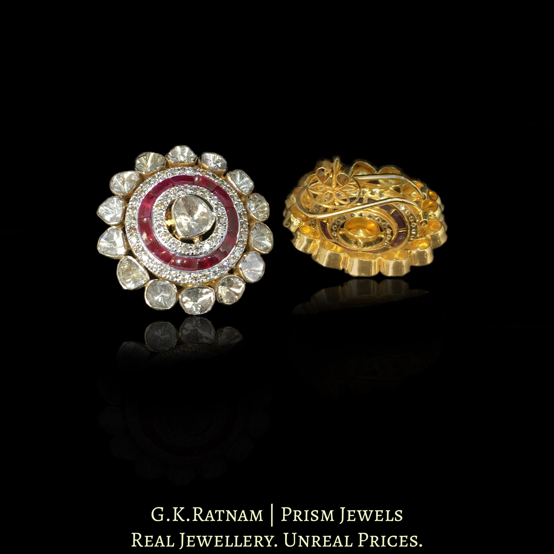18k Gold and Diamond Polki Open Setting Karnfool Earring Pair with Rubies - G. K. Ratnam