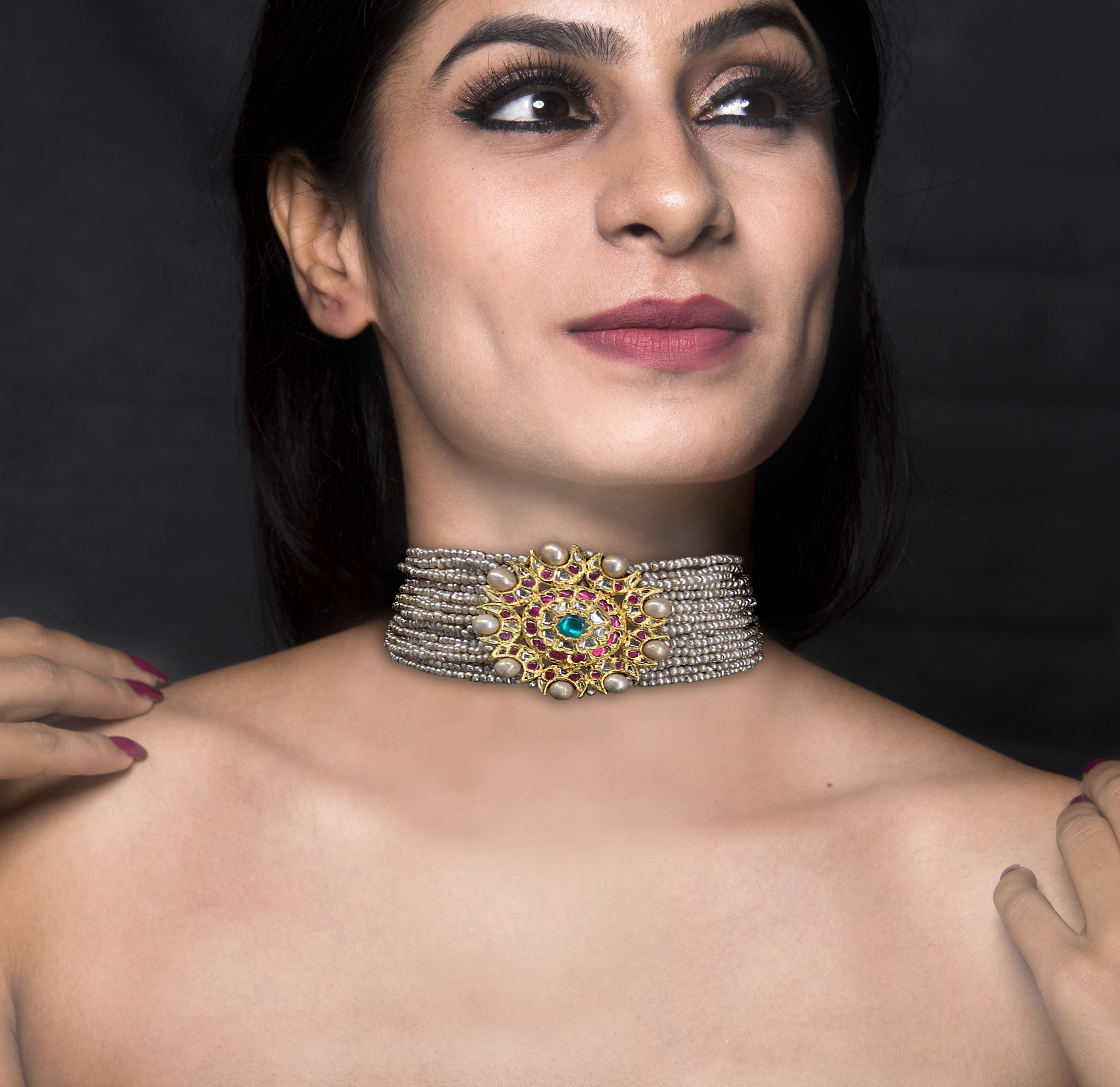 18k Gold and Diamond Polki south-style Choker Necklace With Antiqued Hyderabadi Pearls
