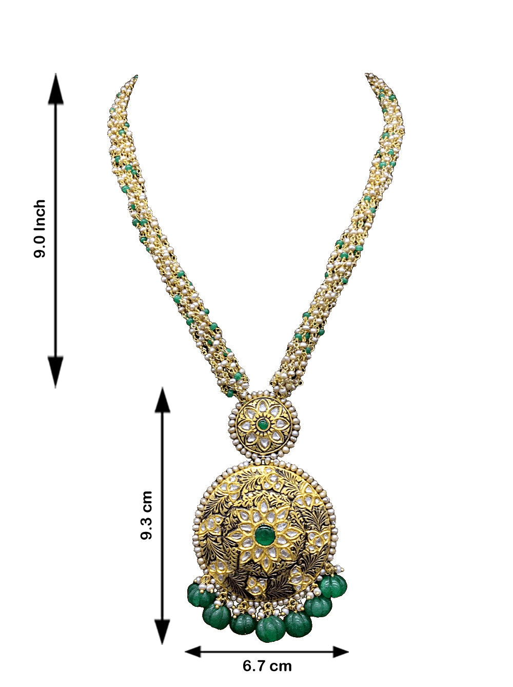 23k Gold and Diamond Polki round hybrid Pendant Set with antiqued freshwater pearls and green beryls - G. K. Ratnam