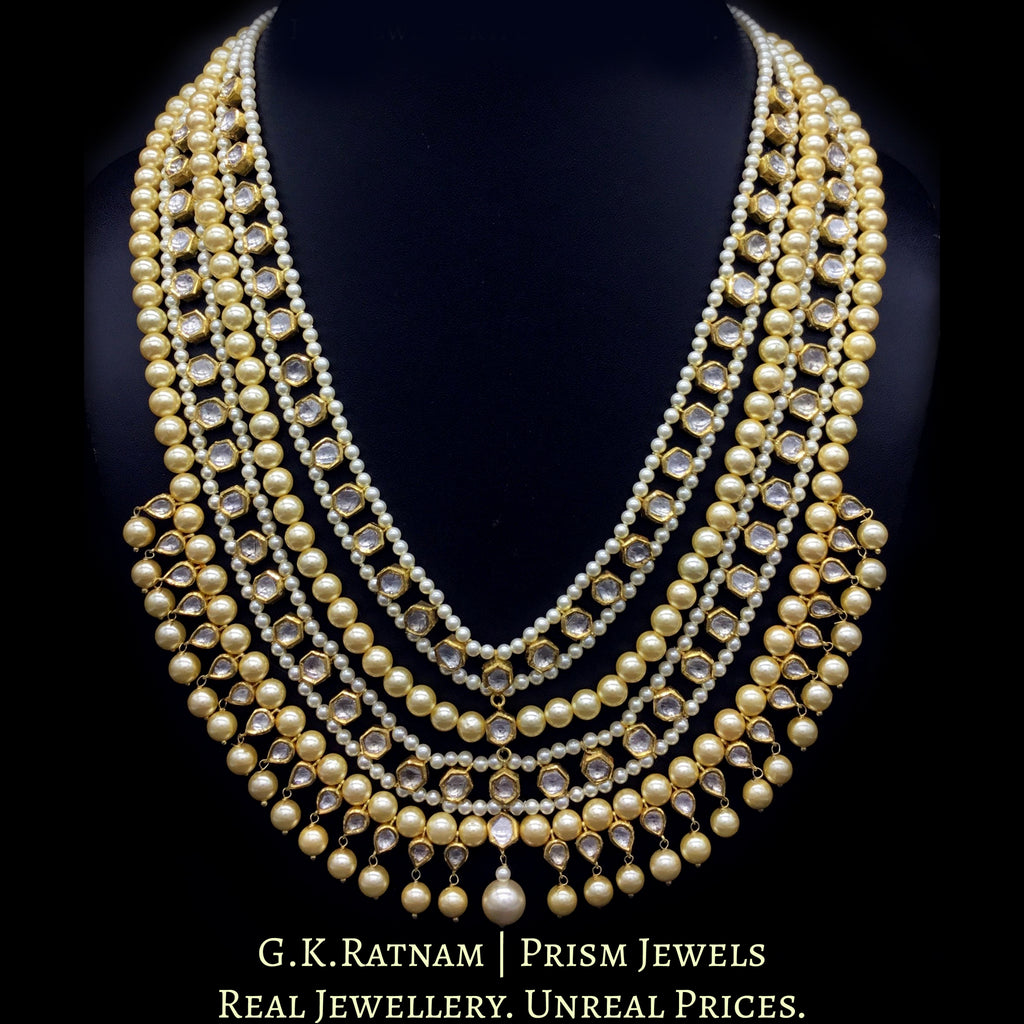 18k Gold and Diamond Polki teen-lada (three-layer) Necklace with uncut tikdas strung in lustrous pearls