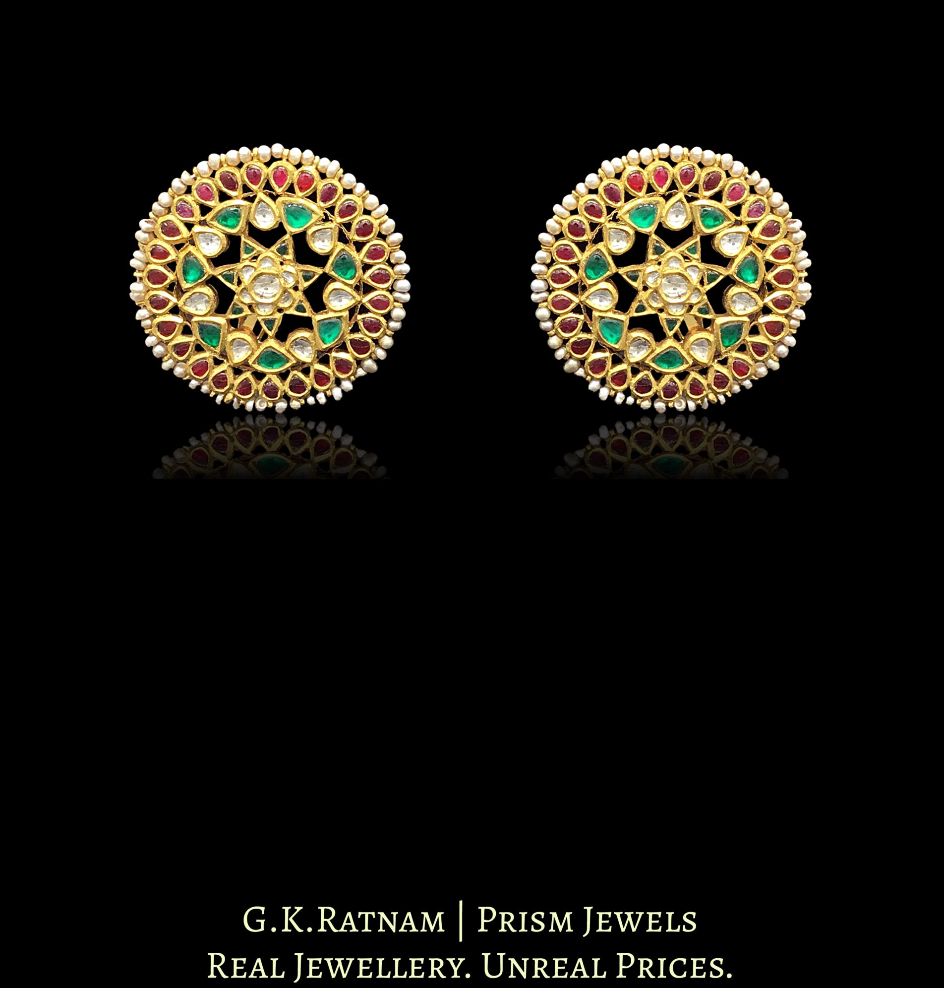 22k Gold and Diamond Polki Karanphool Earring Pair with Rubies and Emeralds - G. K. Ratnam