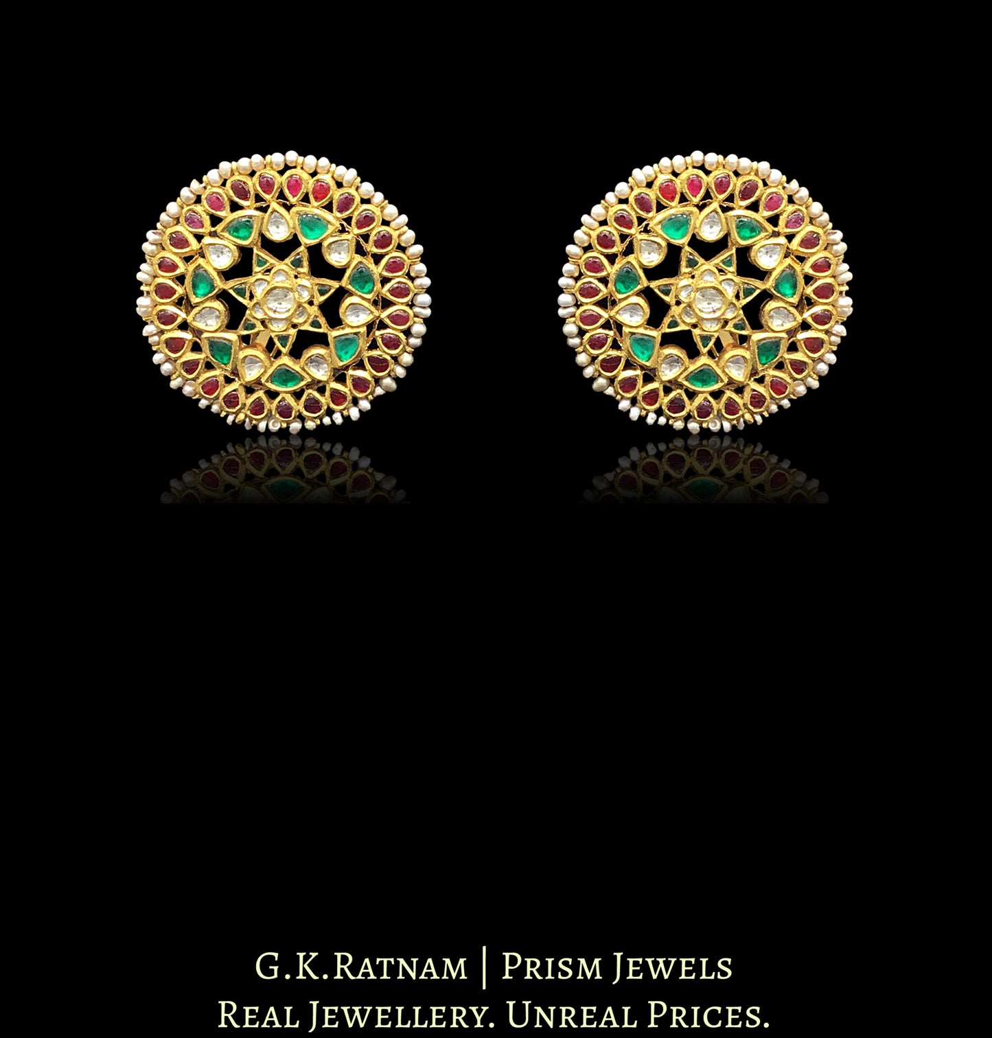 22k Gold and Diamond Polki Karanphool Earring Pair with Rubies and Emeralds - G. K. Ratnam