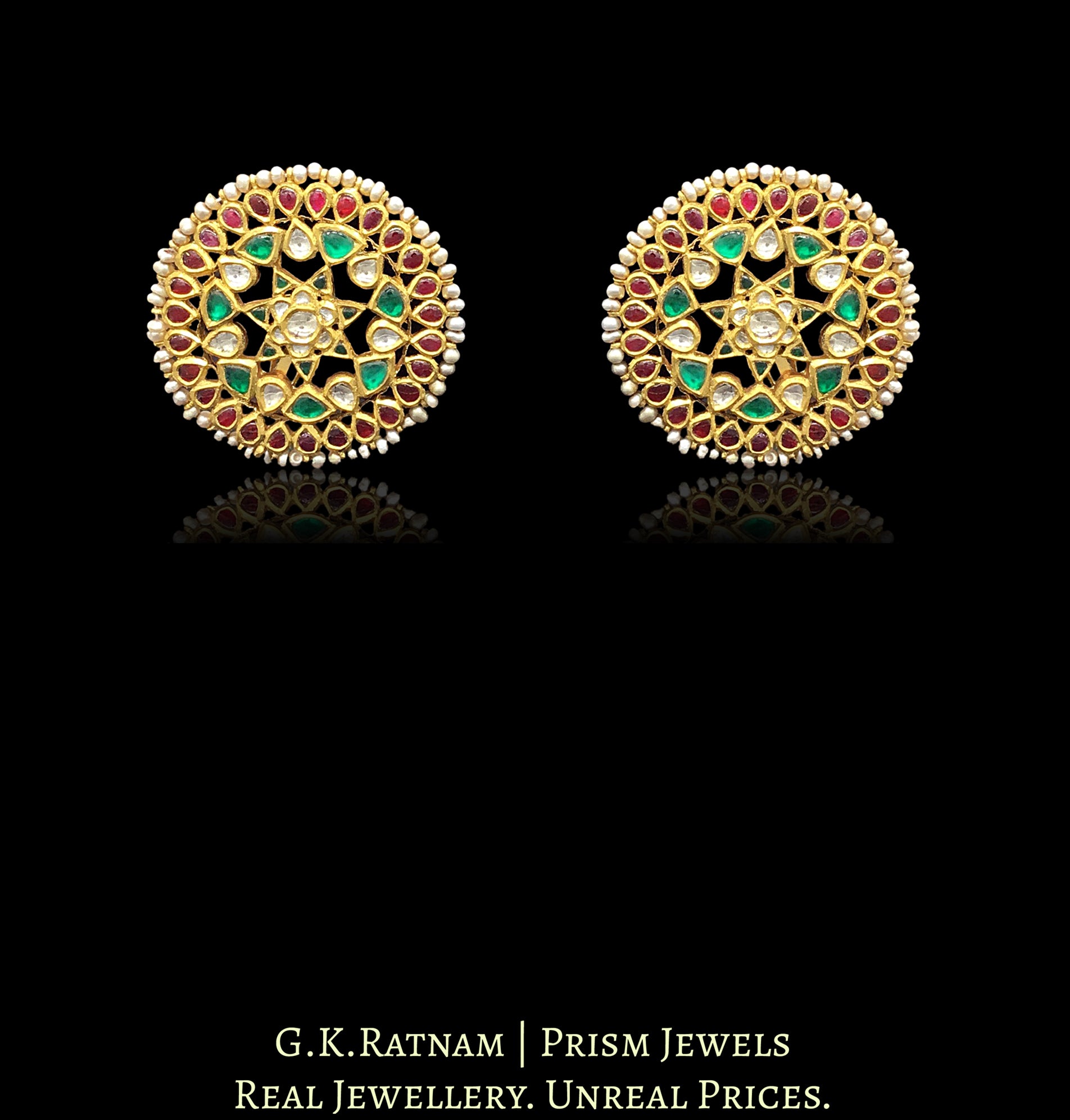 22k Gold and Diamond Polki Karanphool Earring Pair with Rubies and Emeralds - G. K. Ratnam