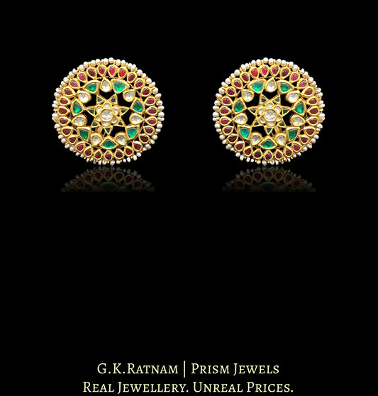 22k Gold and Diamond Polki Karanphool Earring Pair with Rubies and Emeralds - G. K. Ratnam