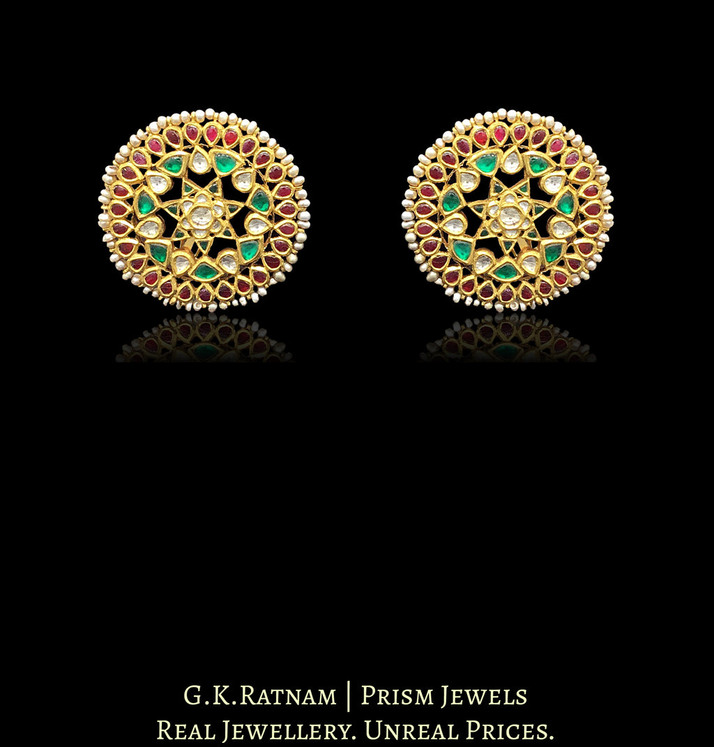 22k Gold and Diamond Polki Karanphool Earring Pair with Rubies and Emeralds - G. K. Ratnam