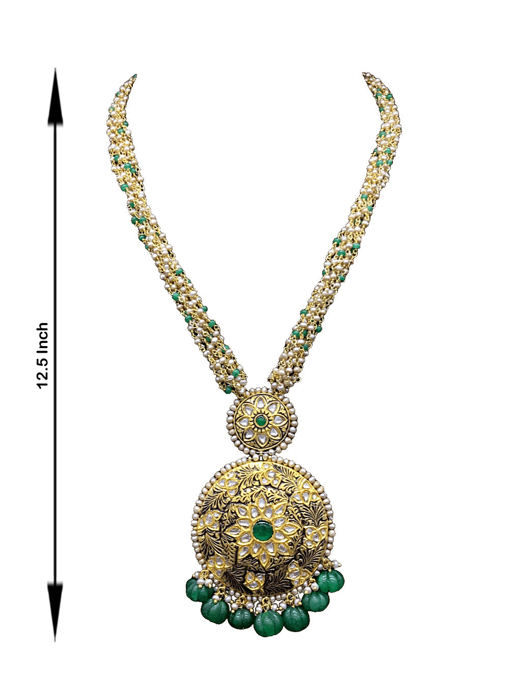 23k Gold and Diamond Polki round hybrid Pendant Set with antiqued freshwater pearls and green beryls - G. K. Ratnam