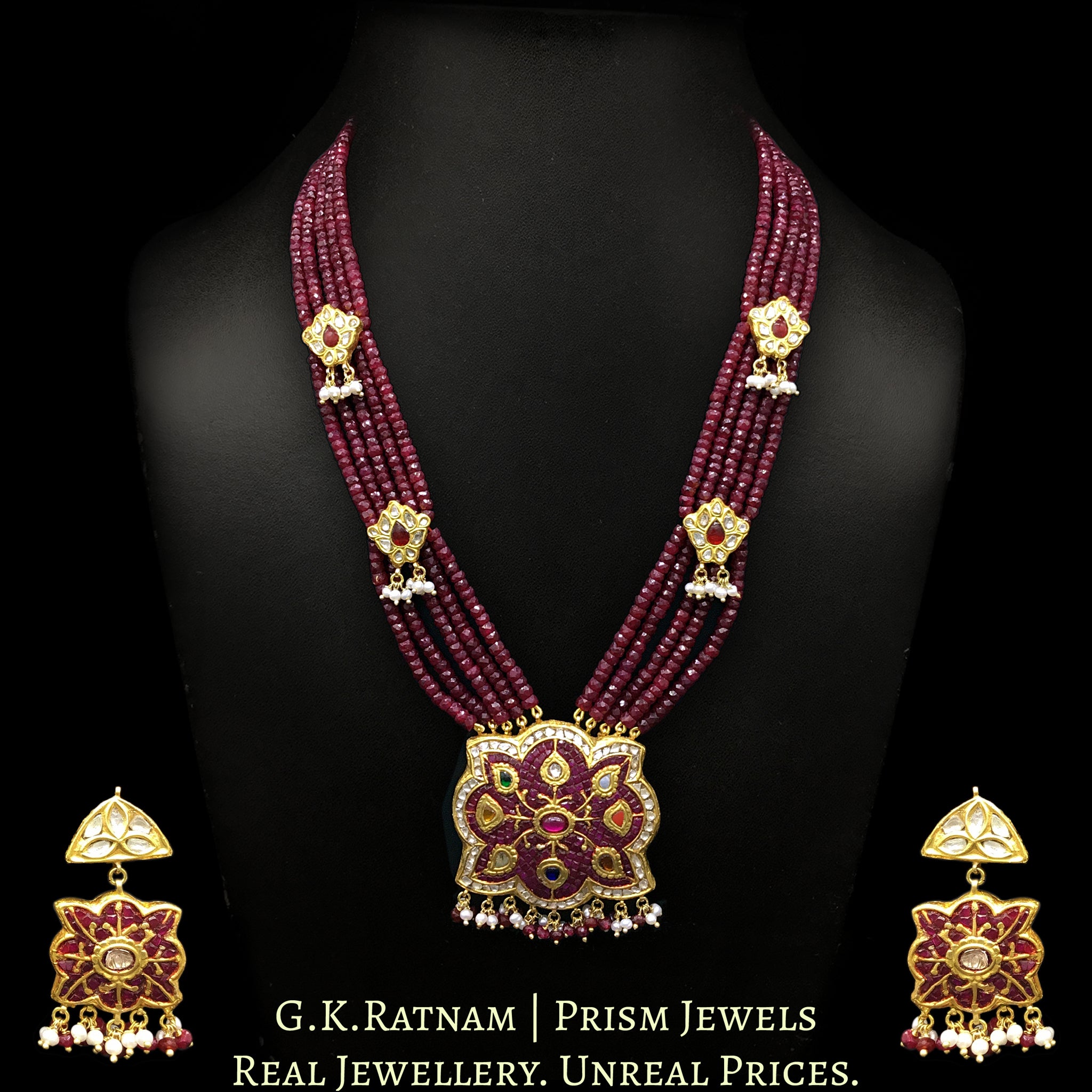 23k Gold and Diamond Polki fancy Navratna Pendant Set with Natural Rubies