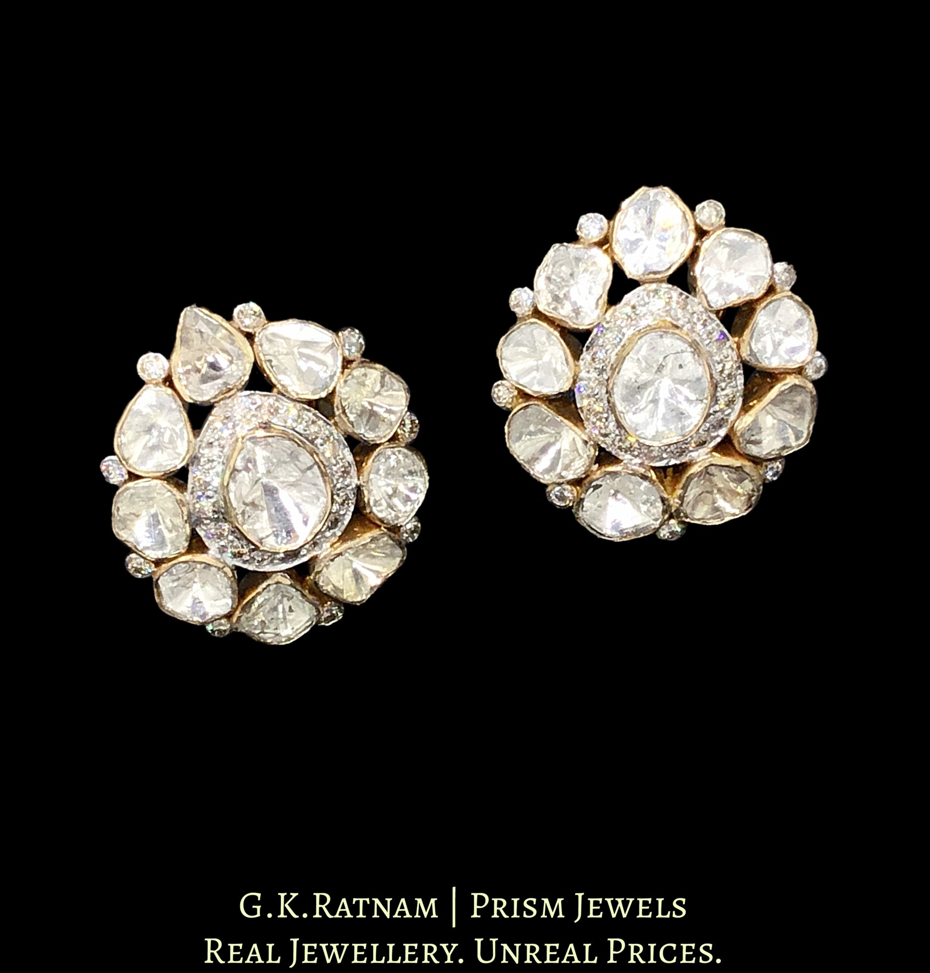 14k Gold and Diamond Polki Open Setting tilak-shaped Tops / Studs Earring Pair - G. K. Ratnam