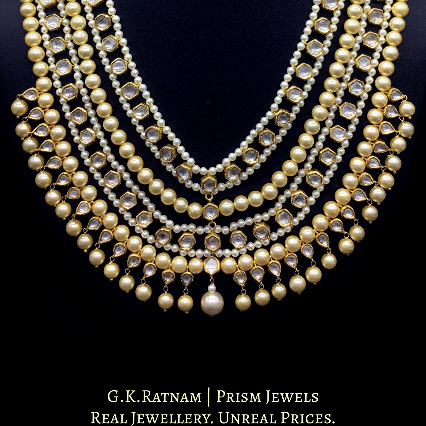 18k Gold and Diamond Polki teen-lada (three-layer) Necklace with uncut tikdas strung in lustrous pearls - G. K. Ratnam