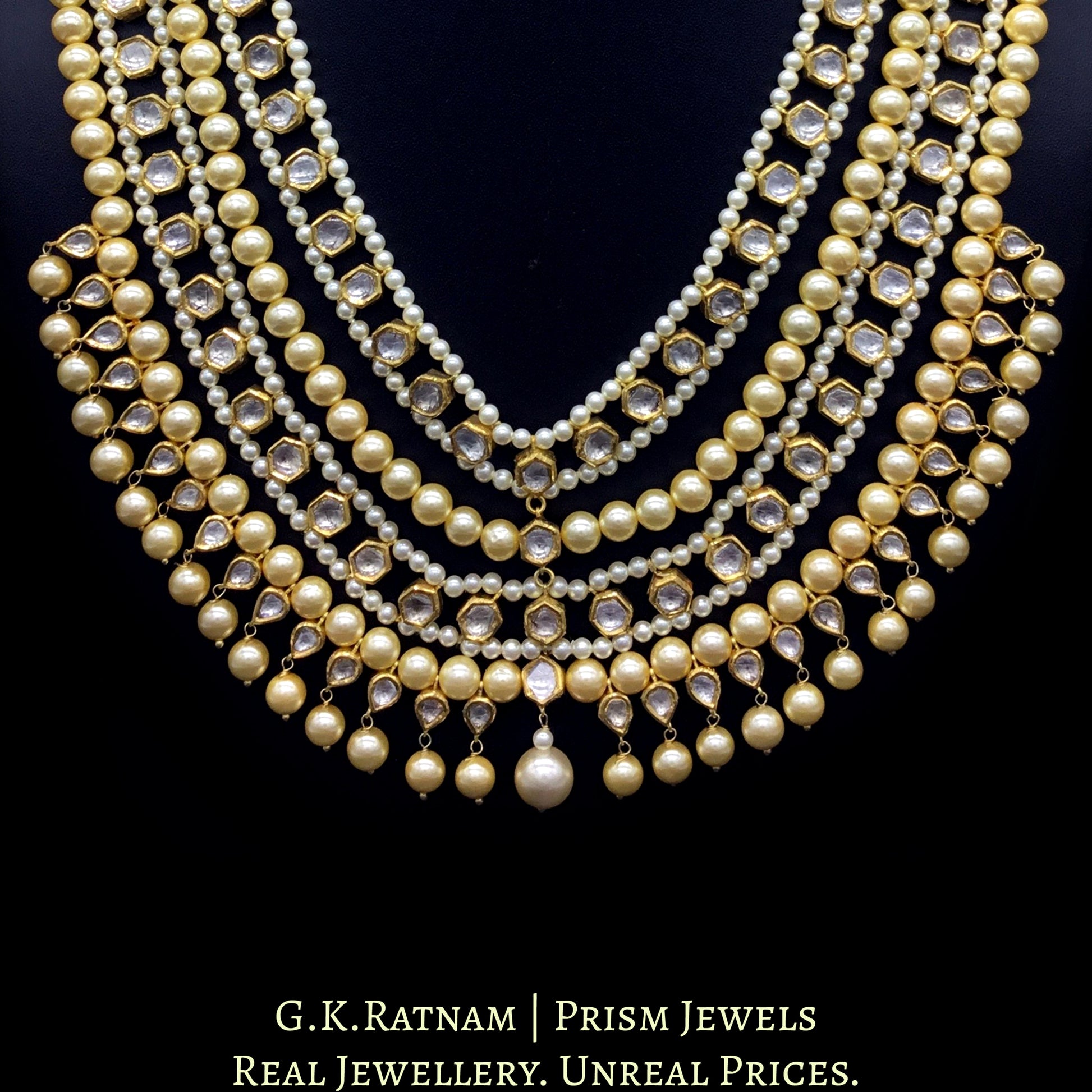 18k Gold and Diamond Polki teen-lada (three-layer) Necklace with uncut tikdas strung in lustrous pearls - G. K. Ratnam