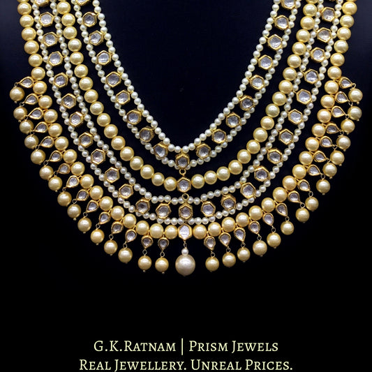 18k Gold and Diamond Polki teen-lada (three-layer) Necklace with uncut tikdas strung in lustrous pearls - G. K. Ratnam