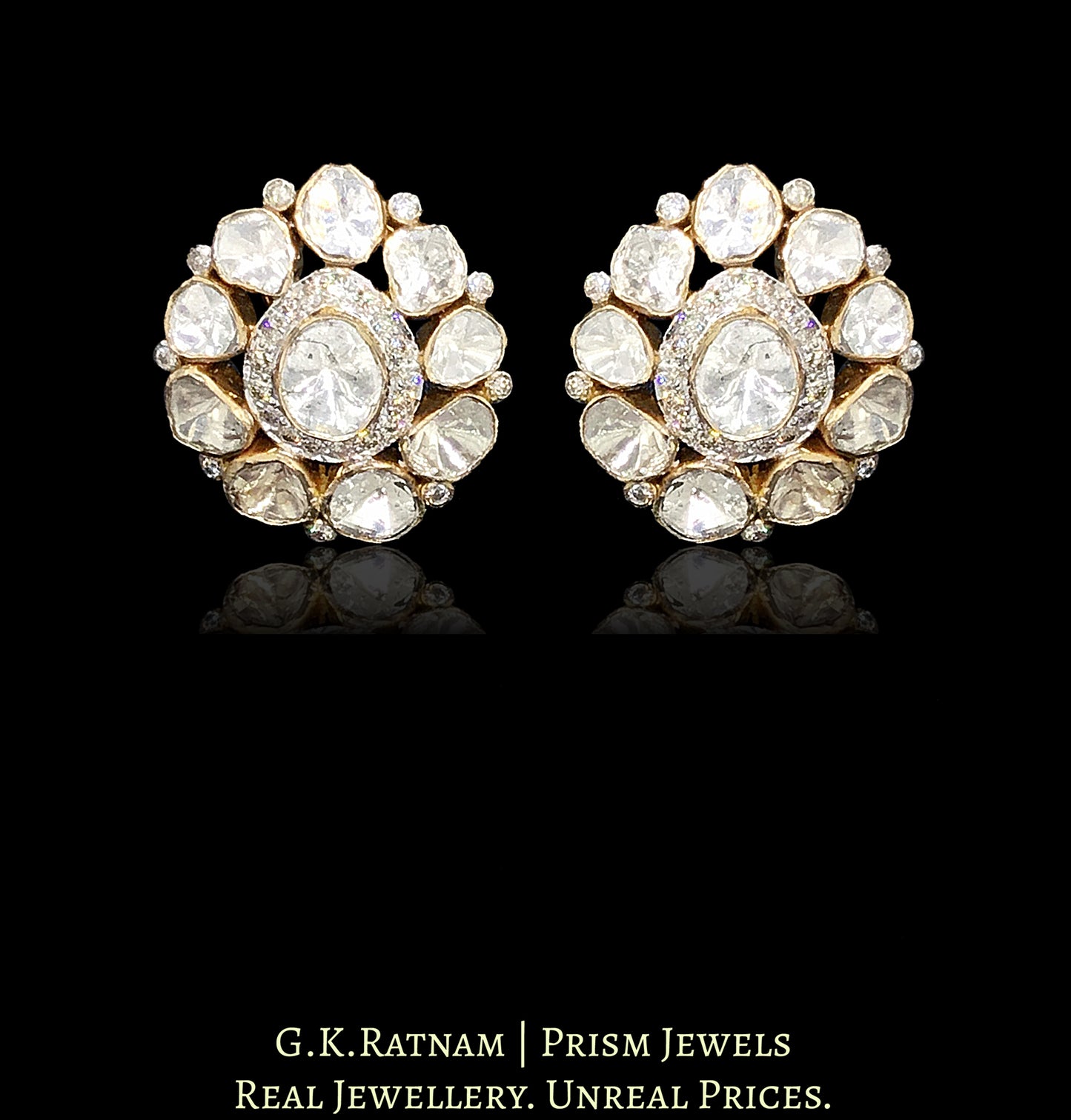 14k Gold and Diamond Polki Open Setting tilak-shaped Tops / Studs Earring Pair - G. K. Ratnam