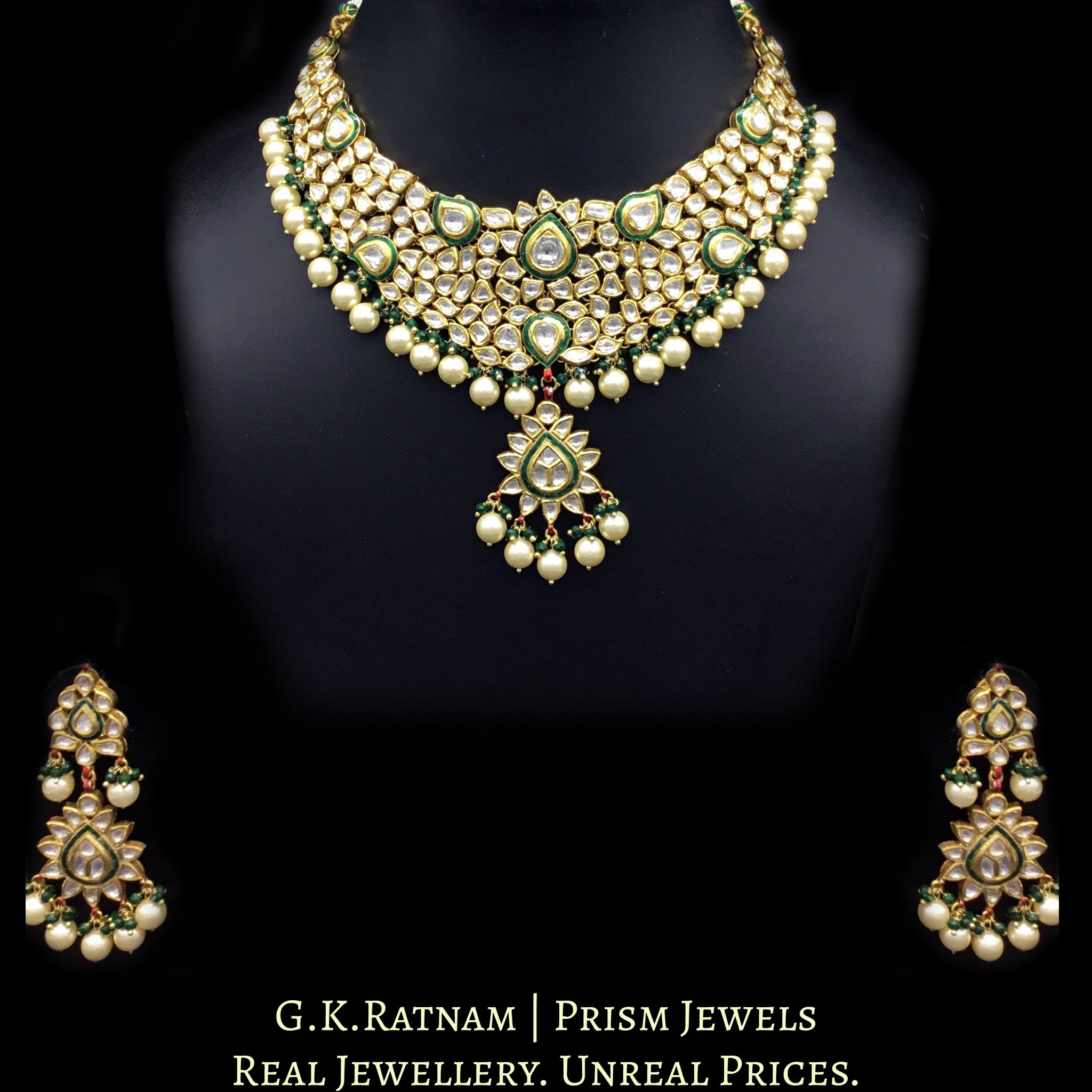 Traditional Gold and Diamond Polki green enamel Necklace Set with shin ...