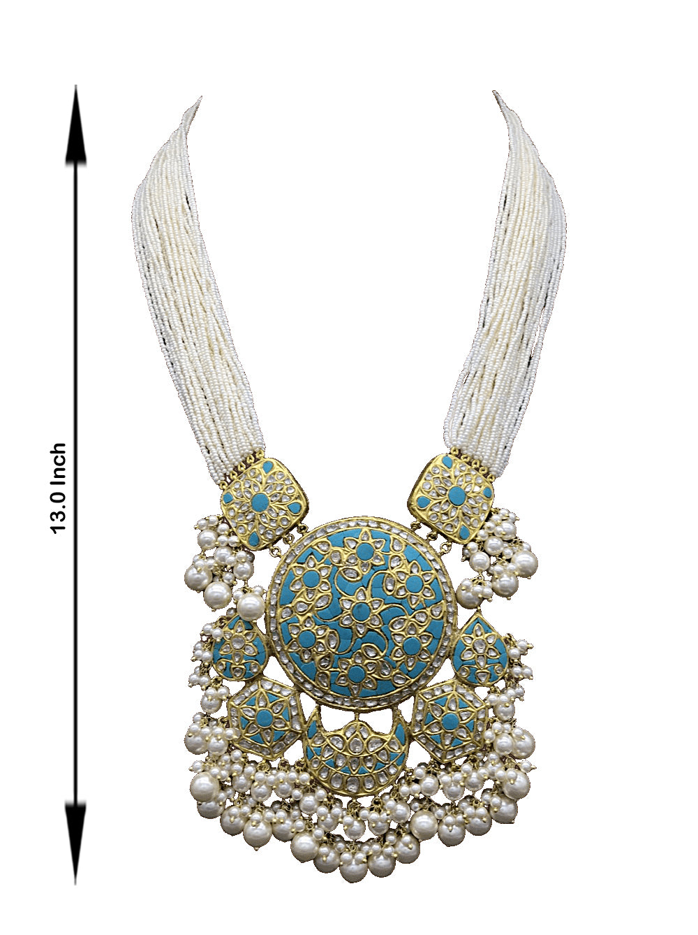 23k Gold and Diamond Polki Turquoise Hybrid Pendant Set with tiny chid pearl bunches