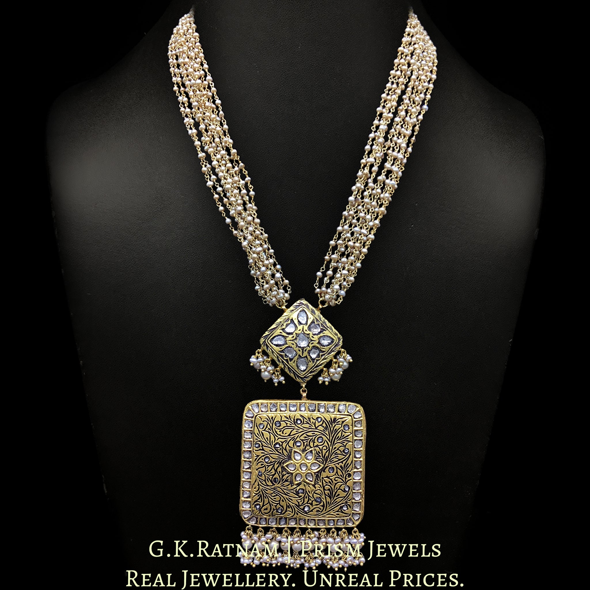 23k Gold and Diamond Polki vintage square Pendant Set with antiqued hyderabadi pearl chains