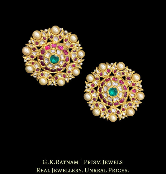 18k Gold and Diamond Polki south-style Karanphool Earring Pair with Rubies and Emeralds - G. K. Ratnam