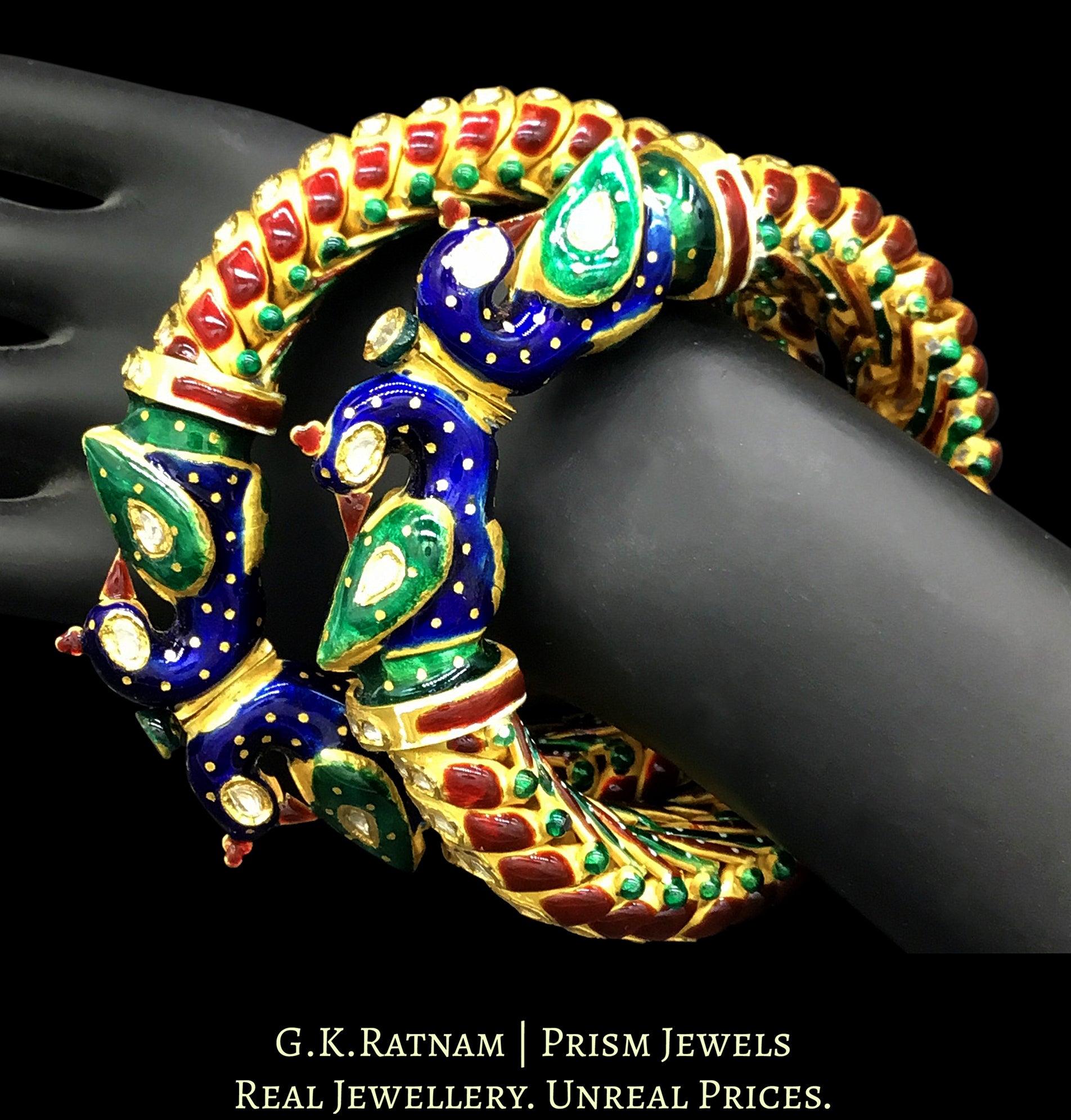 22k Gold and Diamond Polki snake-like Bangle Pair with multi-color enamelling