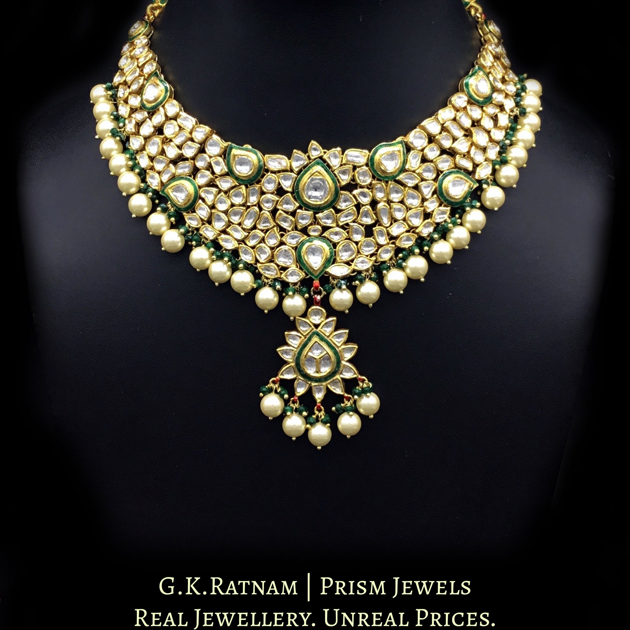 Traditional Gold and Diamond Polki green enamel Necklace Set with shiny pearls and a hint of green