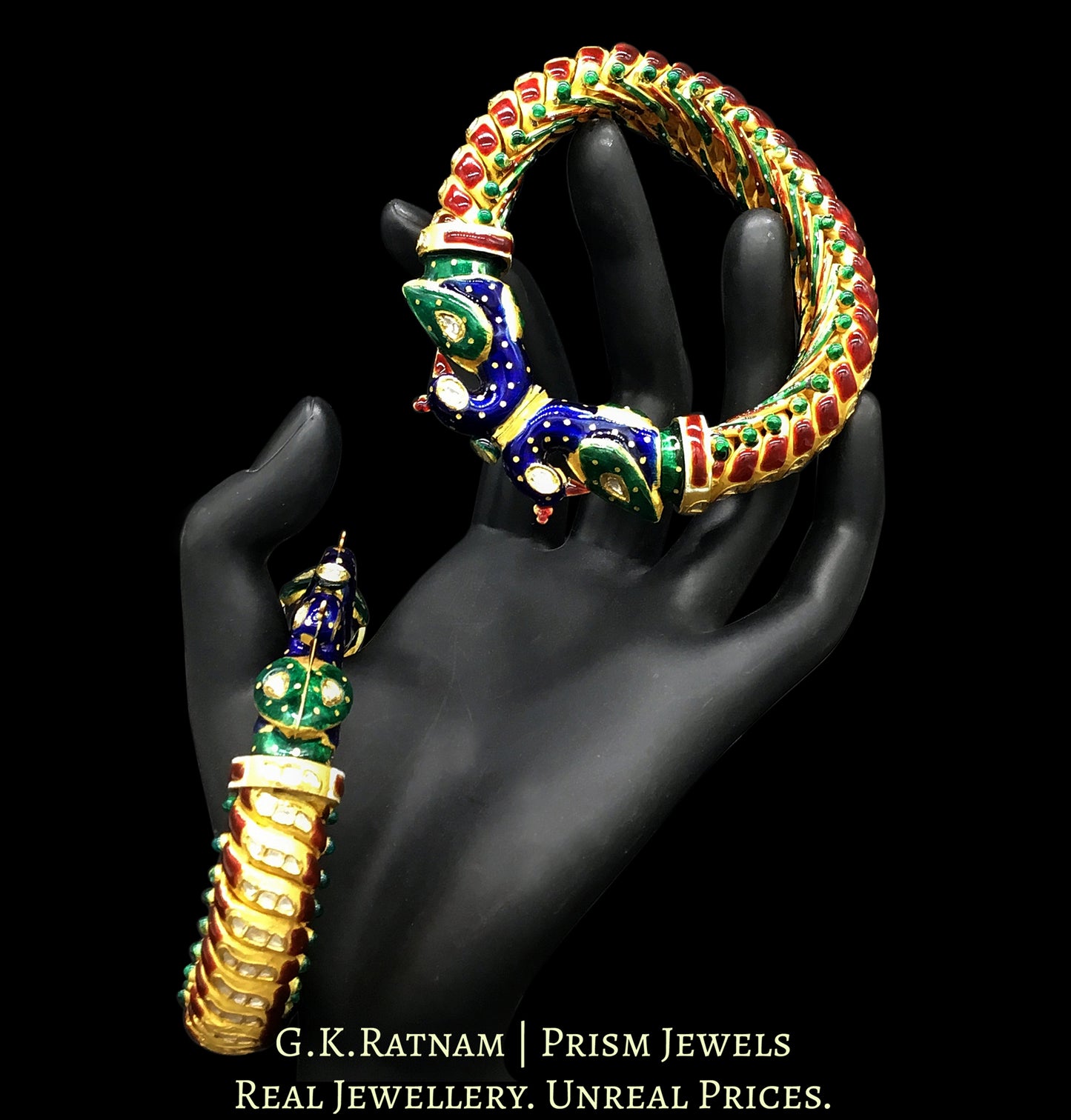 22k Gold and Diamond Polki snake-like Bangle Pair with multi-color enamelling