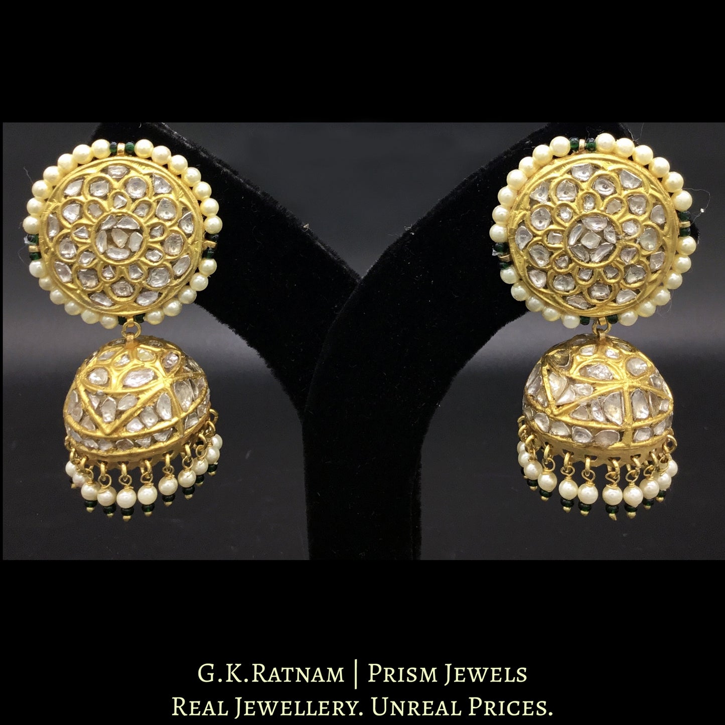 23k Gold and Diamond Polki Jhumki Earring Pair With Pearl Hangings