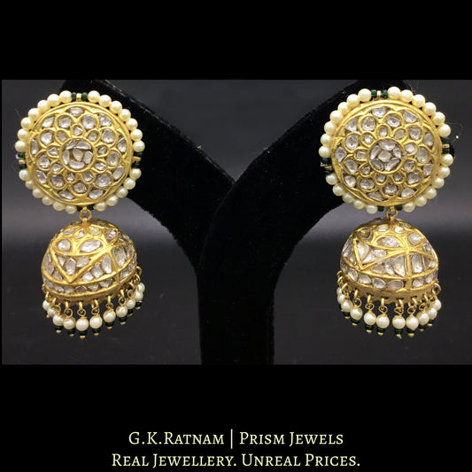 23k Gold and Diamond Polki Jhumki Earring Pair With Pearl Hangings