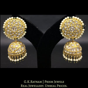 23k Gold and Diamond Polki Jhumki Earring Pair With Pearl Hangings