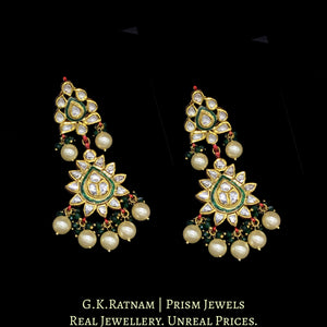 Traditional Gold and Diamond Polki green enamel Necklace Set with shiny pearls and a hint of green