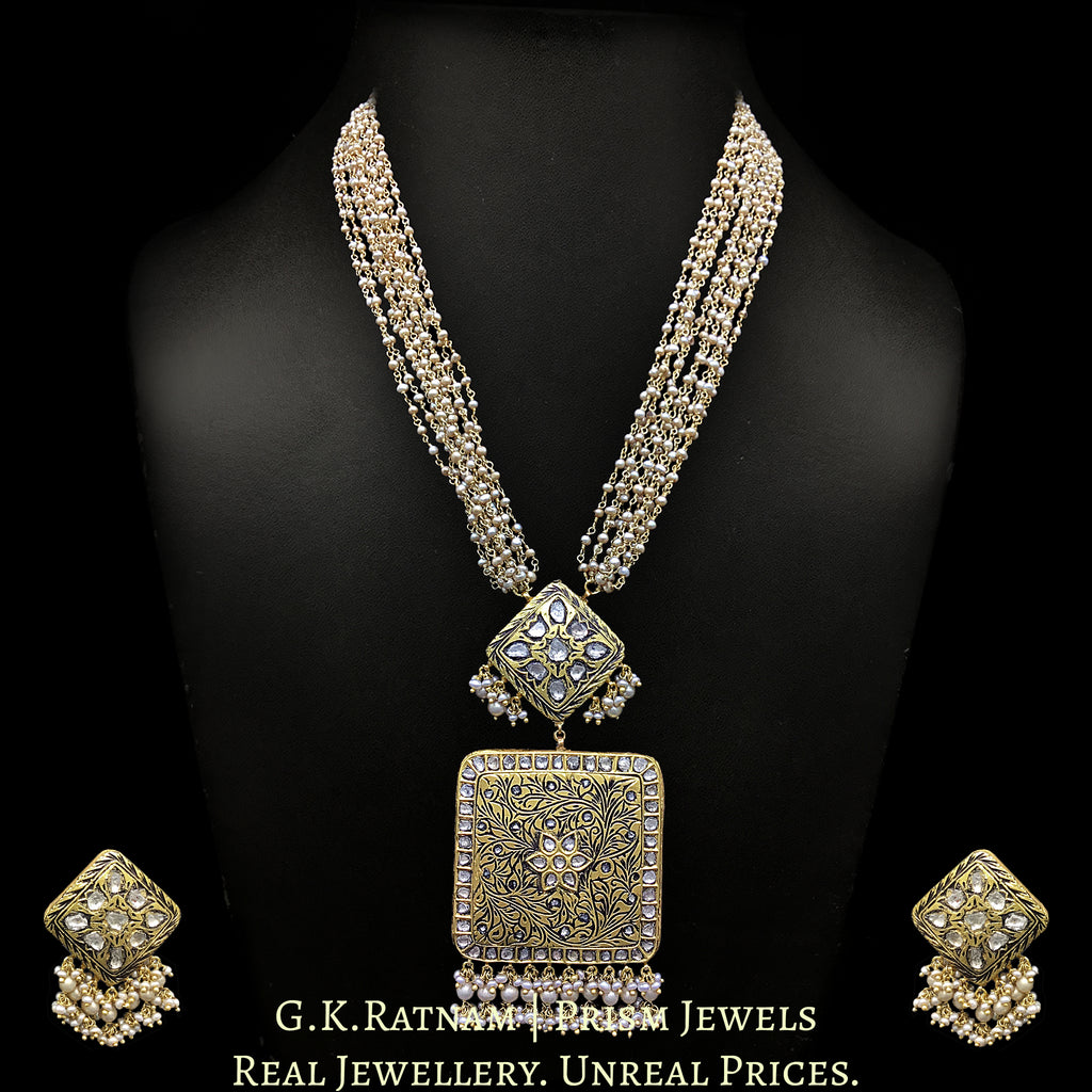 23k Gold and Diamond Polki vintage square Pendant Set with antiqued hyderabadi pearl chains