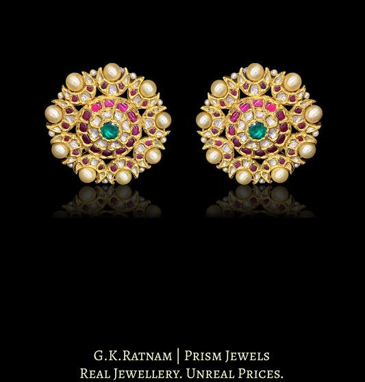 18k Gold and Diamond Polki south-style Karanphool Earring Pair with Rubies and Emeralds - G. K. Ratnam