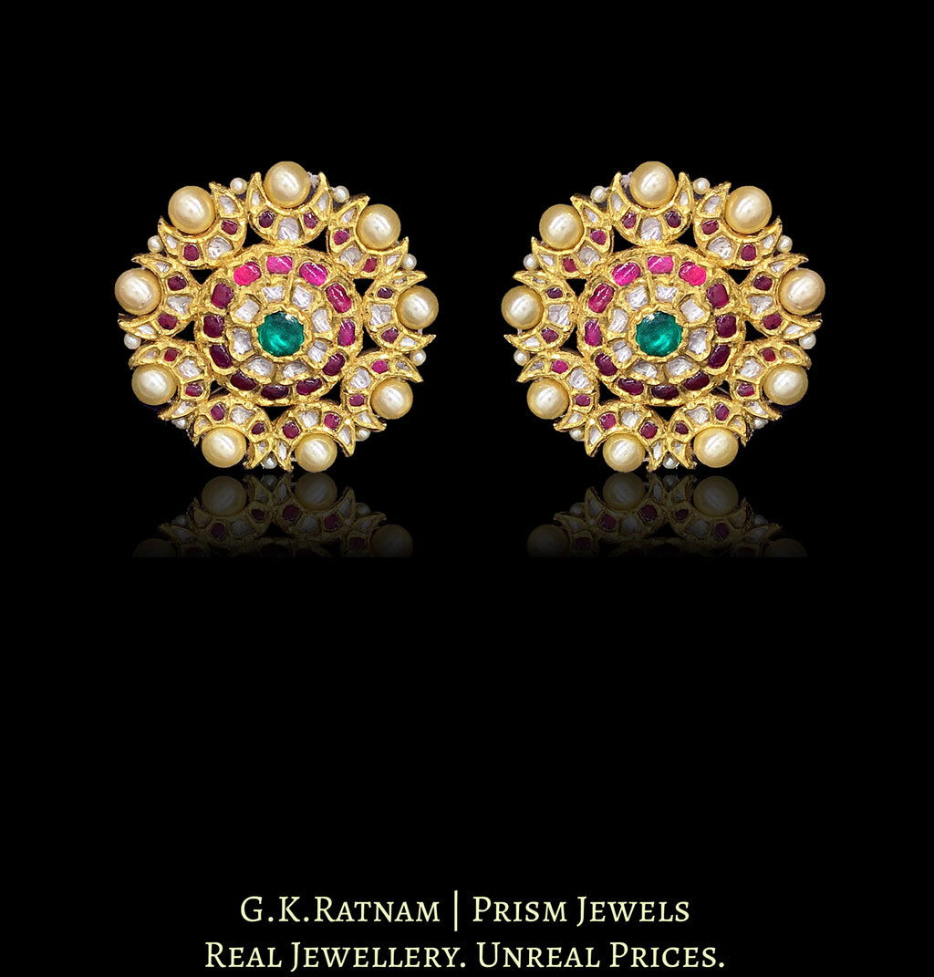 18k Gold and Diamond Polki south-style Karanphool Earring Pair with Rubies and Emeralds
