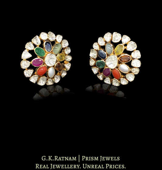 18k Gold and Diamond Polki Open Setting Navratna Karanphool Earring Pair