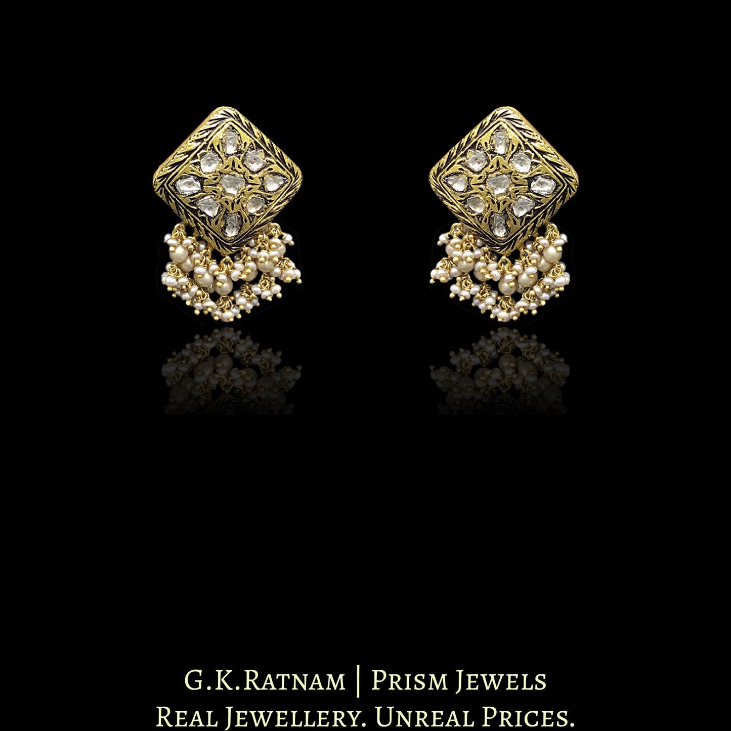 23k Gold and Diamond Polki vintage square Pendant Set with antiqued hyderabadi pearl chains