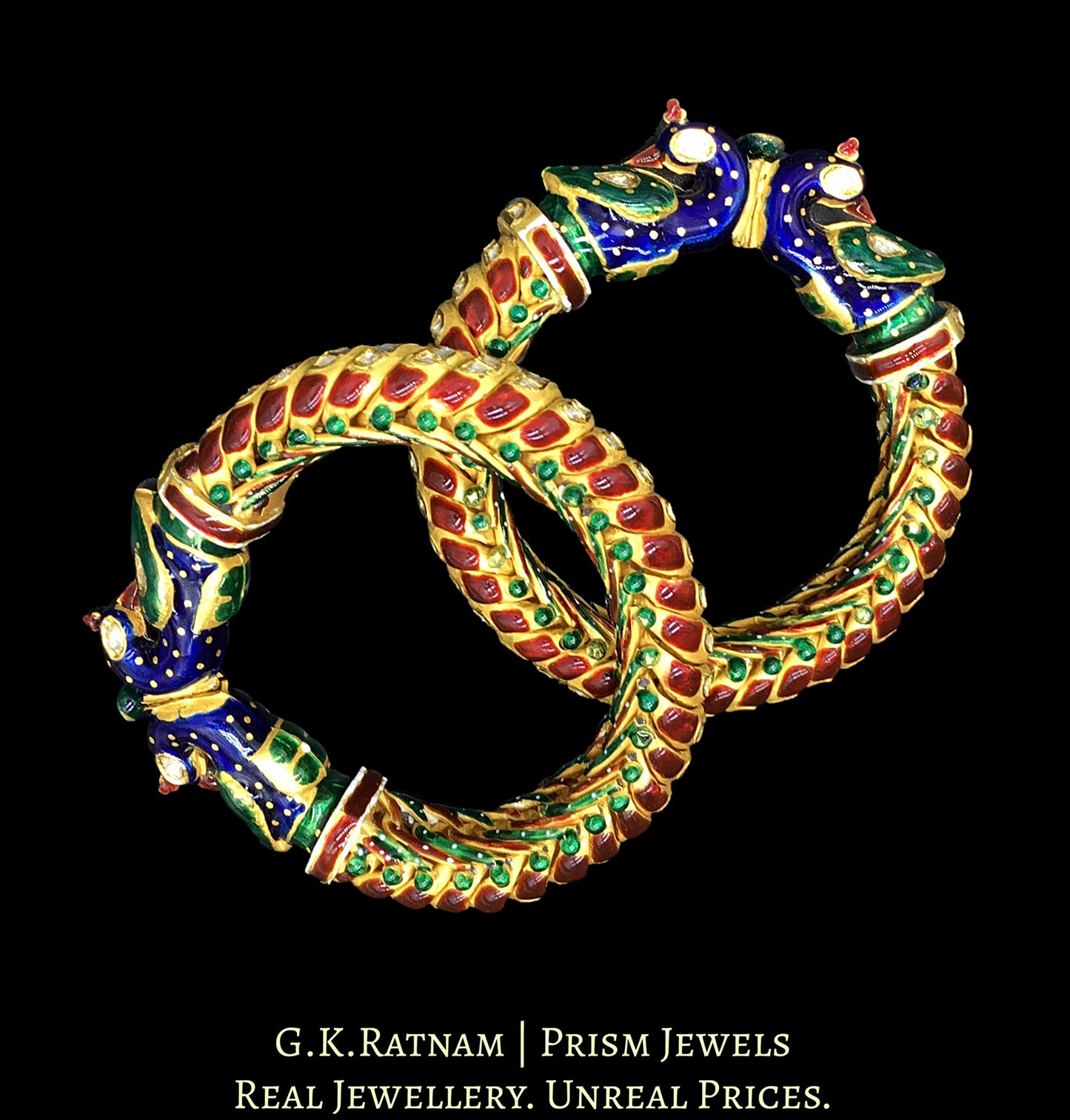 22k Gold and Diamond Polki snake-like Bangle Pair with multi-color enamelling