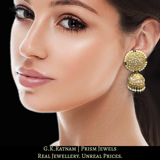 23k Gold and Diamond Polki Jhumki Earring Pair With Pearl Hangings