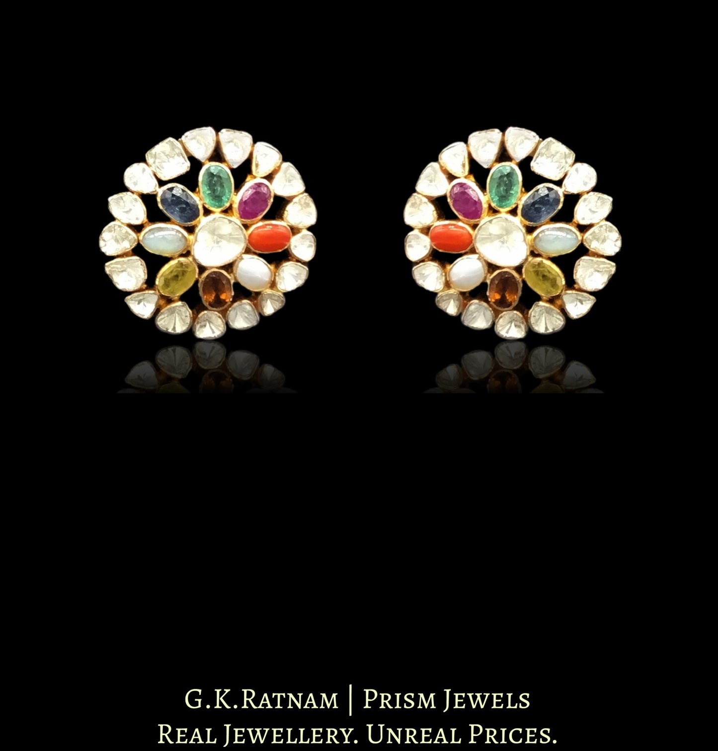 18k Gold and Diamond Polki Open Setting Navratna Karanphool Earring Pair