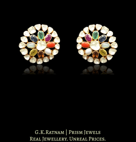18k Gold and Diamond Polki Open Setting Navratna Karanphool Earring Pair